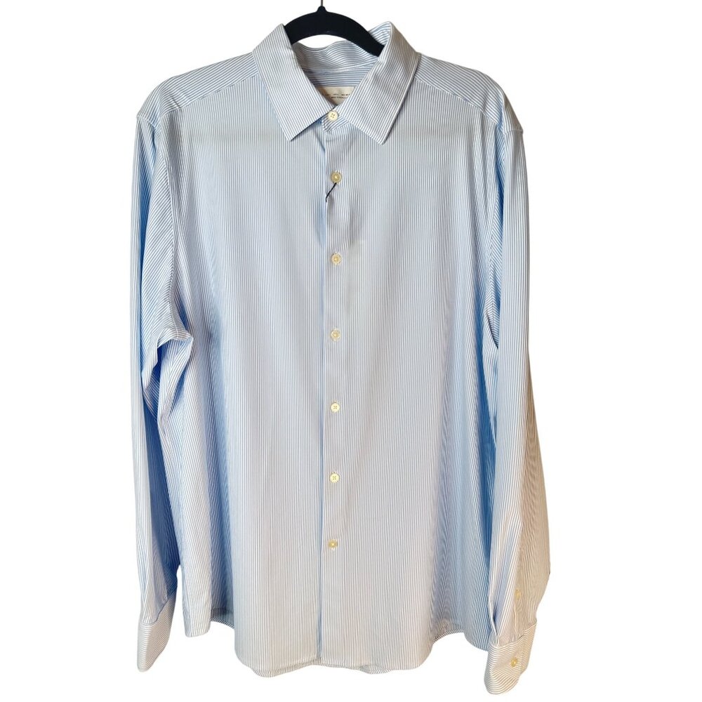NWT ZARA Mens Large Italian Fabric Blue & White Striped Button-Up Shirt